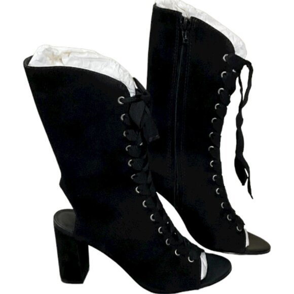 NEW Bernardo Heidi Lace Up boot Heeled Bootie Black Leather open toe & heel zip - Picture 2 of 6